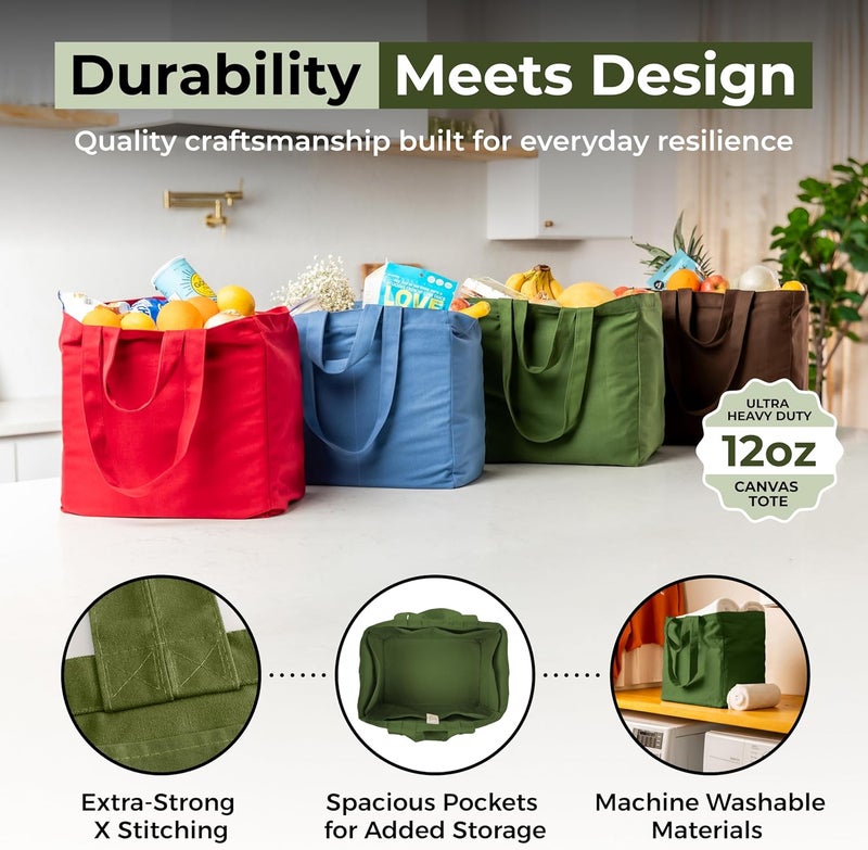 VeraMia Canvas Grocery Bag 3pc XL Set with Real Pockets, Long Shoulder Strap and Short Handle. Heavy Duty, Foldable, Washable - Image 3